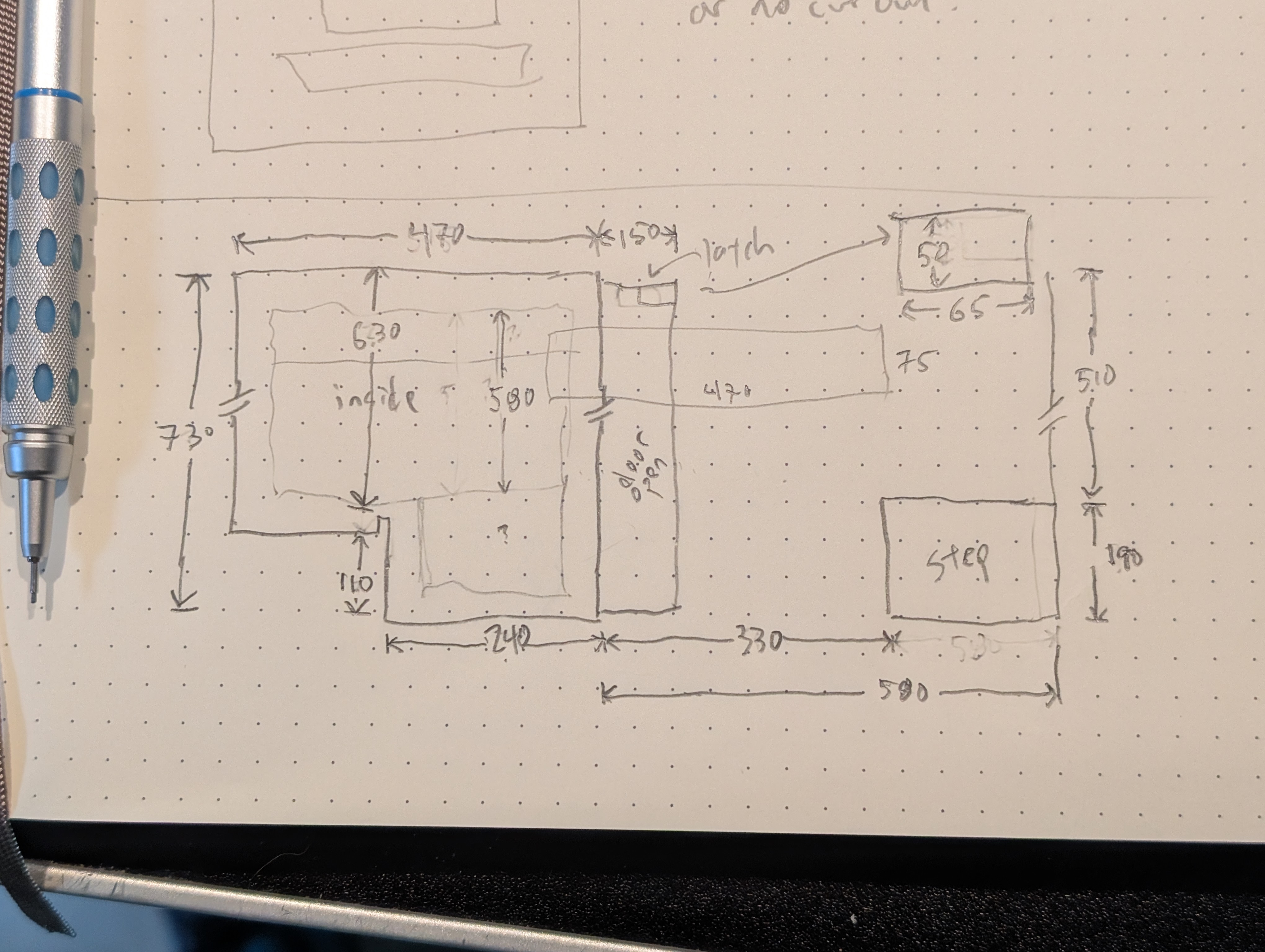a small detailed pencil drawing showing the dimensions of the narrow cabinet