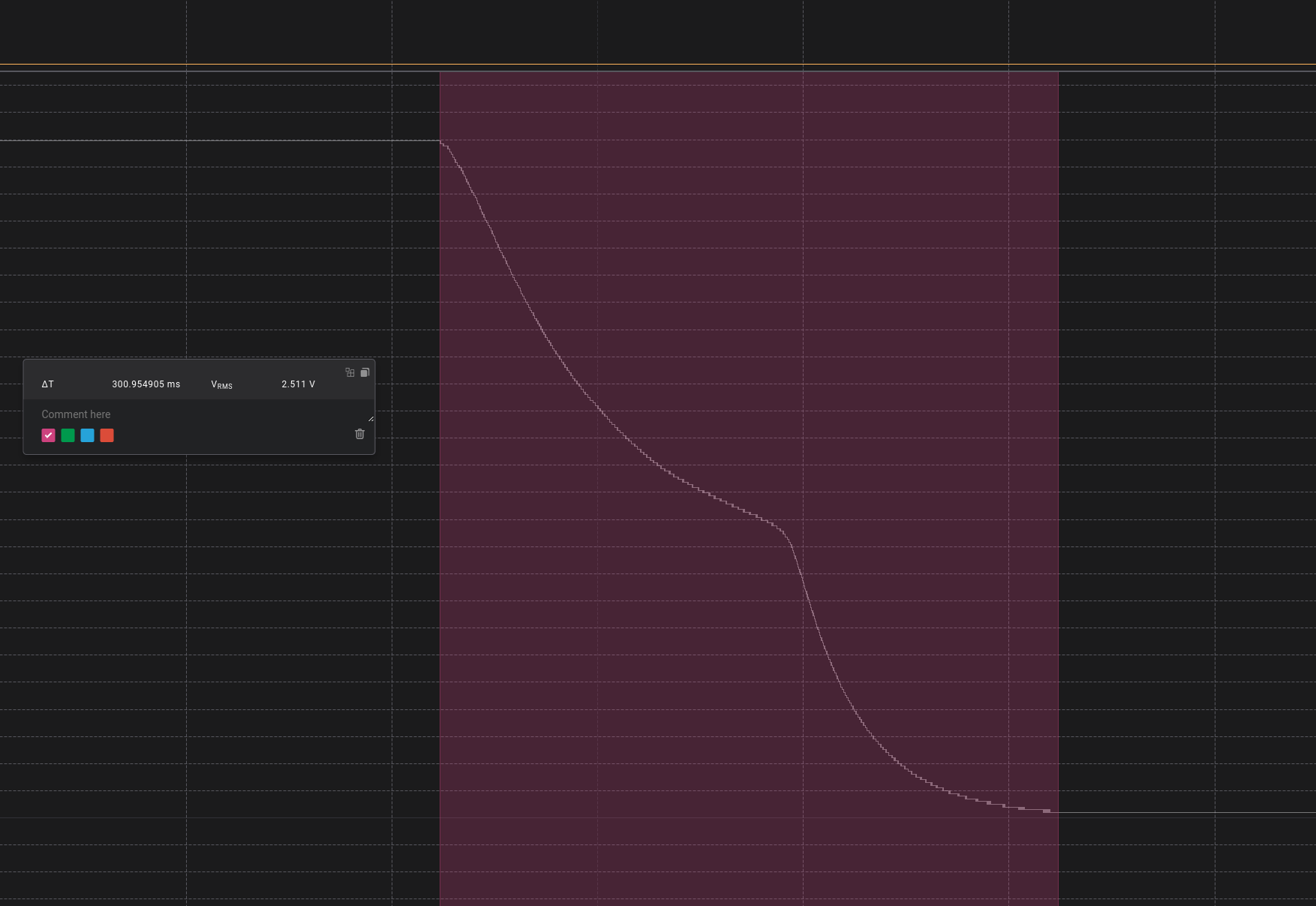 A screenshot showing the falloff from full voltage to zero. There is a measurement showing this takes 300 mS.