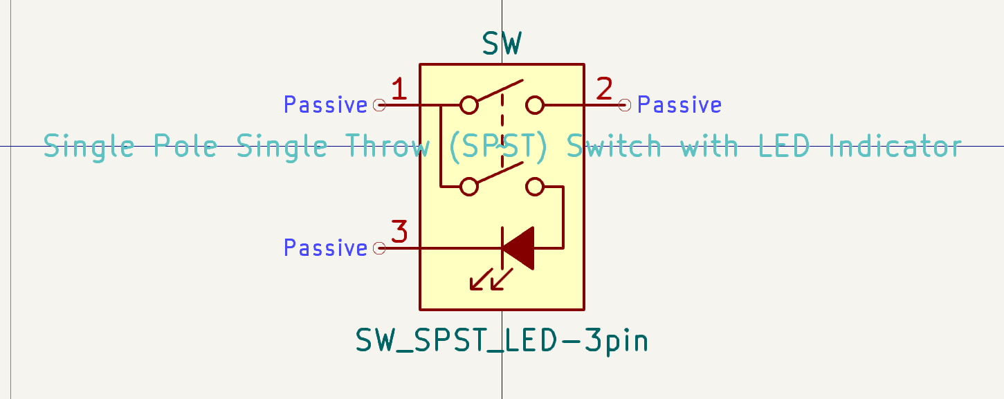 an electrical schematic symbol showing a dpst-style switch with three pins and an led symbol, the led connected to the 2nd switch contact