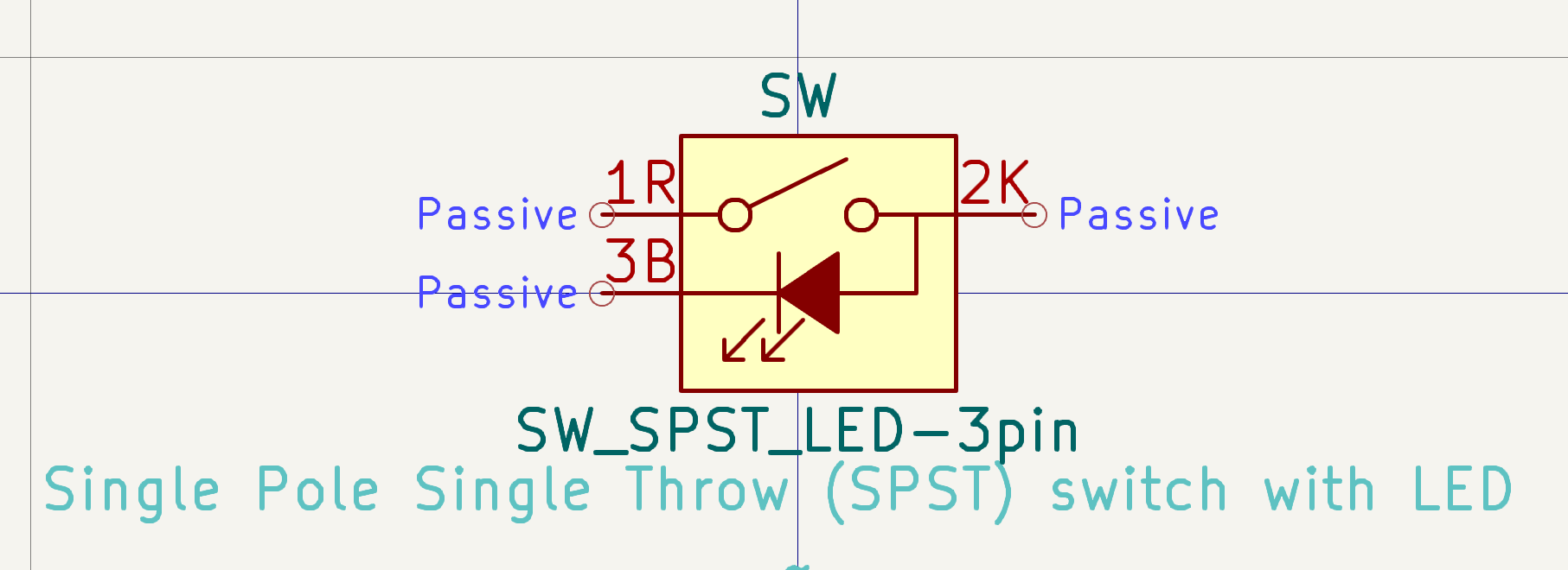 like the above symbol, but this time showing a SPST switch with the 3rd pin as the cathode of the LED. there was an earlier revision where I had the LED reversed!