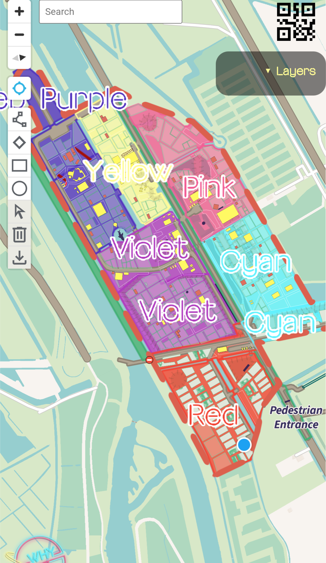 the map of why2025, there are different areas marked using colors Purple, Yellow, Pink, Violet, Cyan, and Red. there is a blue circle at the end of the red section.